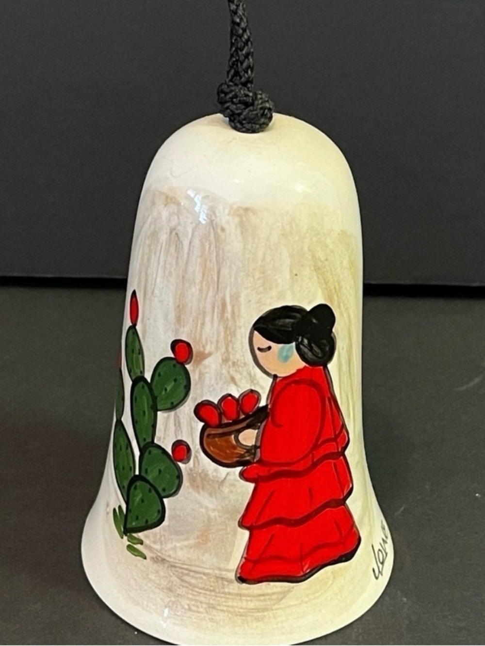 Southwest Mexican Pottery Hand Painted Wind Chime Bell Ornament Cactus Signed